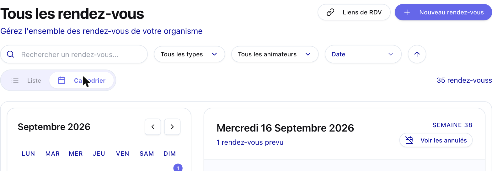 Calendrier des rendez-vous avec le bouton « Voir les annulés »