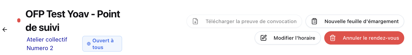 En-tête d’un rendez-vous avec le bouton « Télécharger la preuve de convocation »