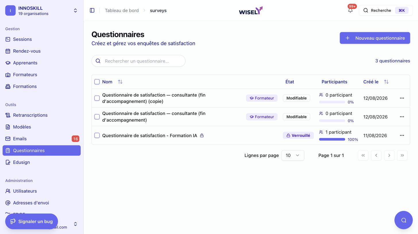Liste des questionnaires avec une copie « (copie) » fraîchement dupliquée