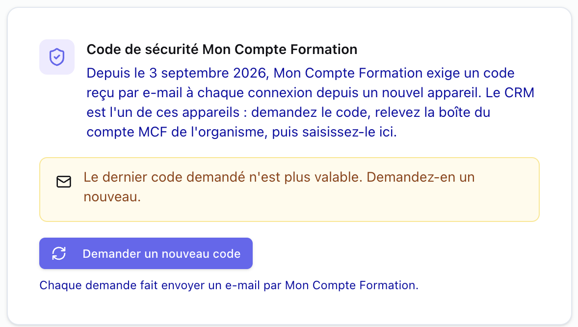 Écran « Code de sécurité Mon Compte Formation » avec le bouton « Demander un nouveau code »