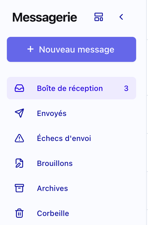 Dossiers de la messagerie, dont « Échecs d’envoi » et « Brouillons »