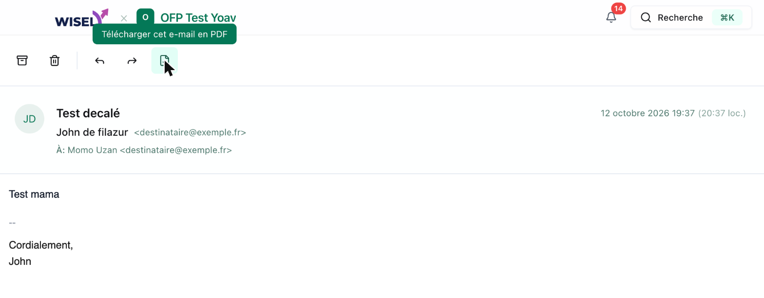 Un e-mail envoyé ouvert dans la messagerie, avec le bouton « Télécharger cet e-mail en PDF » dans sa barre d’outils
