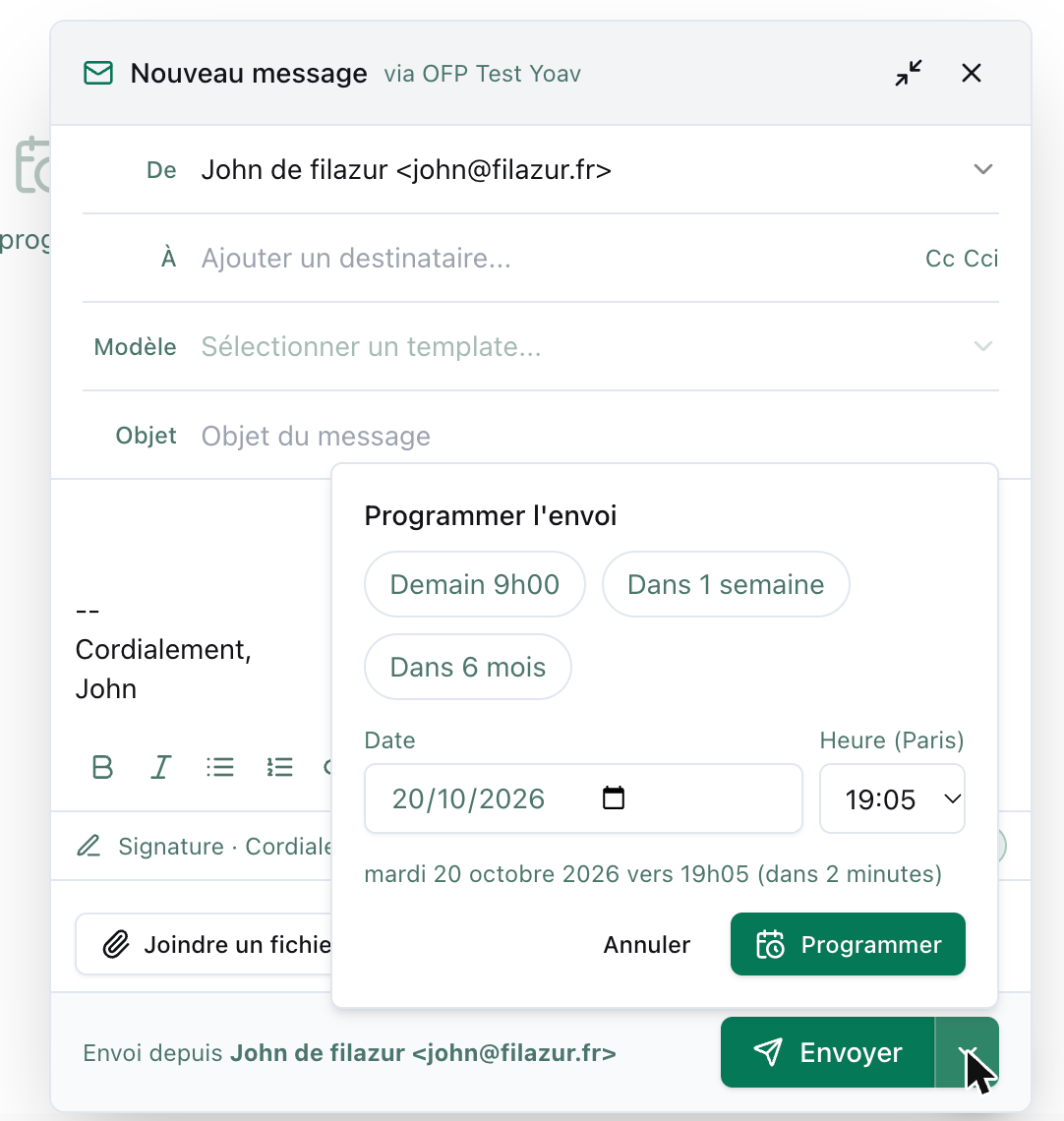 Composeur d’e-mail avec le sélecteur « Programmer l’envoi » : raccourcis Demain 9h00, Dans 1 semaine, Dans 6 mois, date et heure de Paris