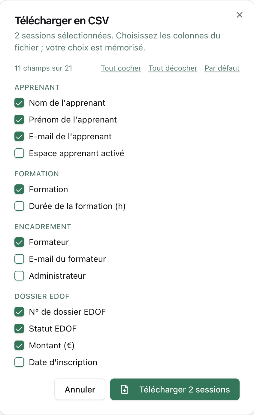 Dialogue « Télécharger en CSV » avec les champs à cocher par groupe