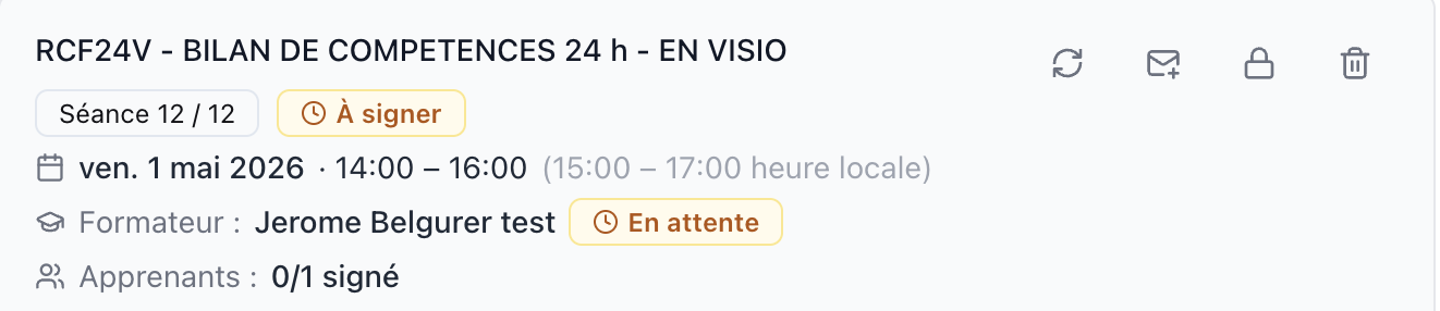 En-tête d’une feuille d’émargement : séance 12/12, à signer, date et créneau, formateur en attente, 0/1 apprenant signé