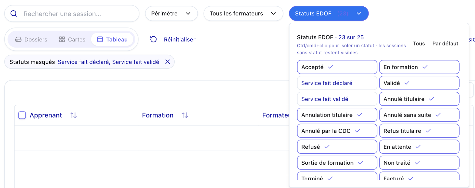 Filtre « Statuts EDOF » ouvert au-dessus de la liste des sessions, avec l’étiquette « Statuts masqués »