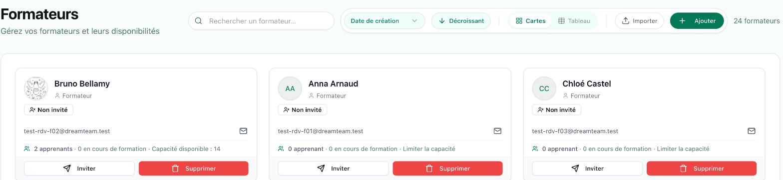 Cartes de la page Formateurs : nombre d’apprenants, bénéficiaires en cours de formation et capacité disponible sous chaque nom