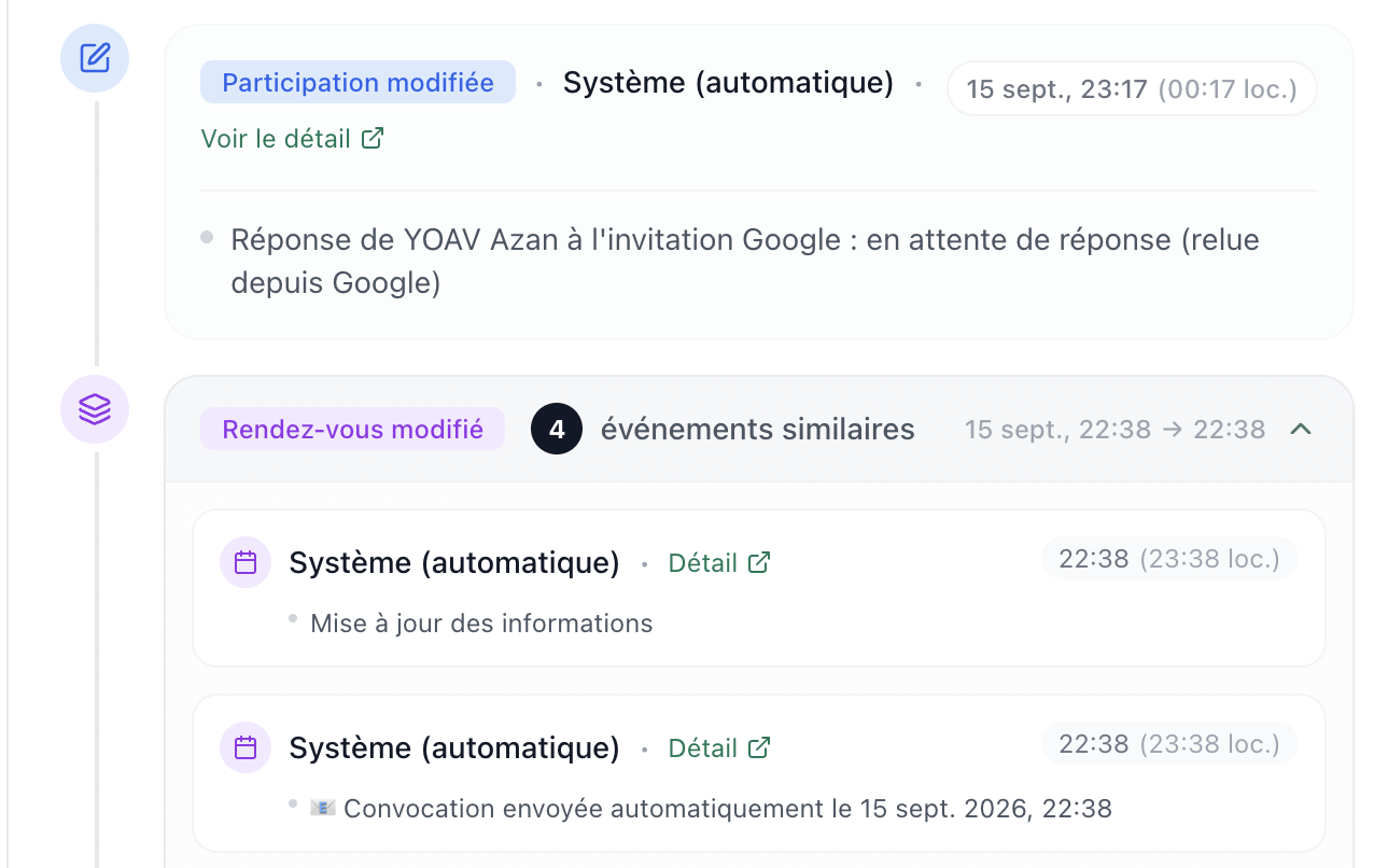 Historique d’un rendez-vous : « Convocation envoyée automatiquement le 15 sept. 2026, 22:38 »