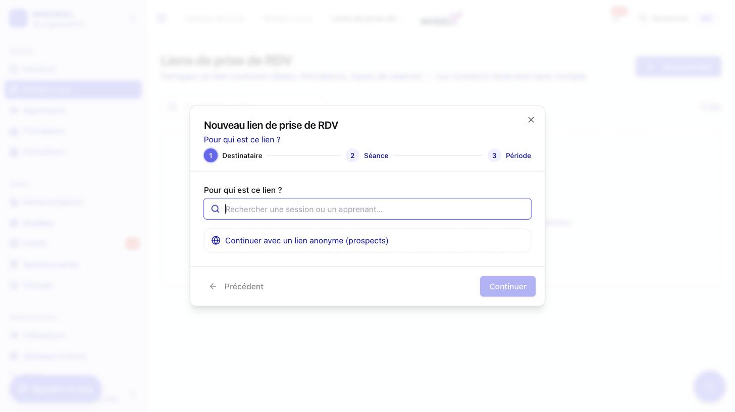 Assistant « Nouveau lien de prise de RDV », étape 1 : pour qui est ce lien ?