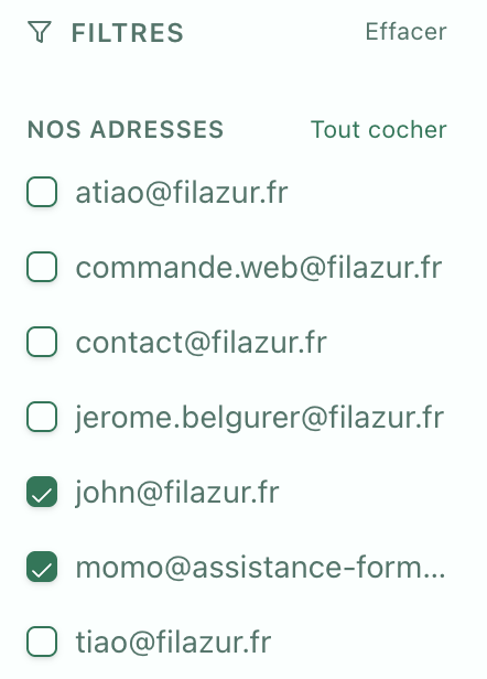 Panneau « Nos adresses » de la messagerie, deux adresses cochées par défaut