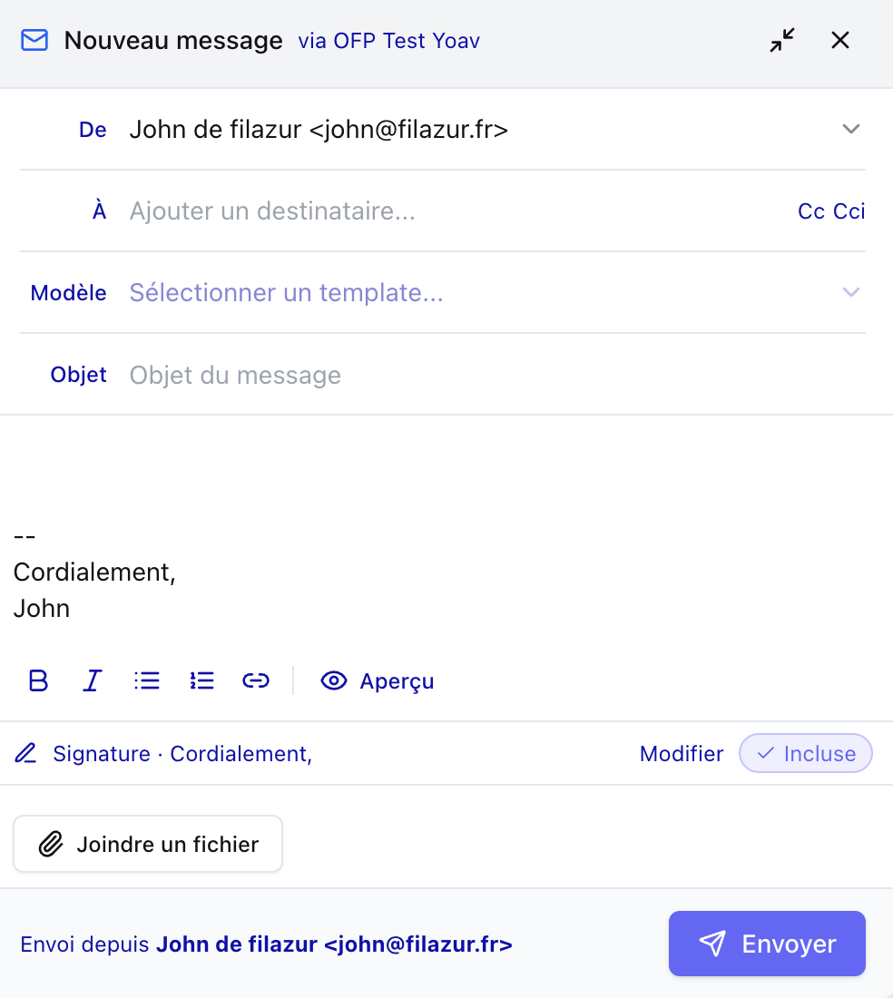 Composeur d’e-mail avec la barre gras, italique, listes, lien et le bouton Aperçu