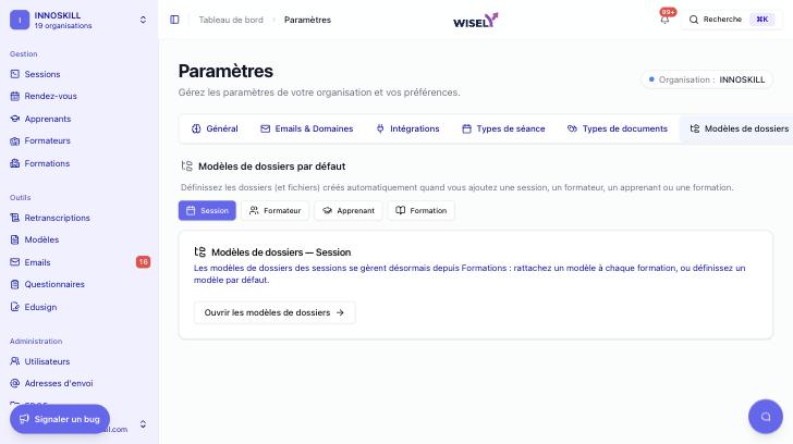 Réglages « Modèles de dossiers par défaut » par type d’entité