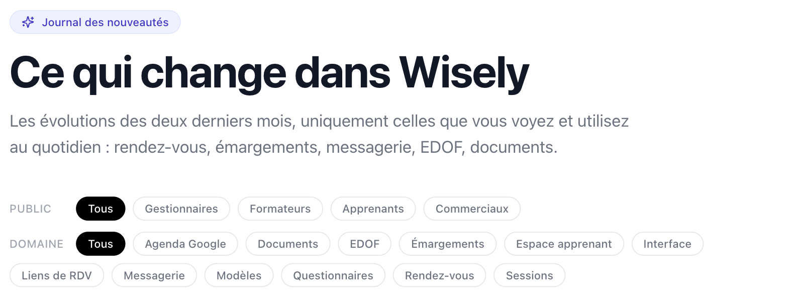 En-tête de la page Nouveautés avec ses filtres par public et par domaine