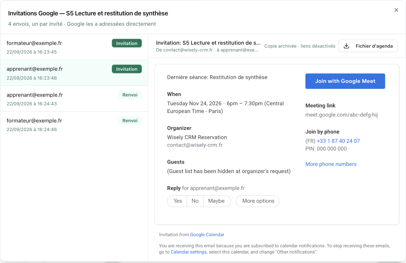 Dialogue « Invitations Google » d’un rendez-vous : la liste des envois par invité à gauche, et à droite l’invitation telle que Google l’a mise en page, en copie archivée aux liens désactivés