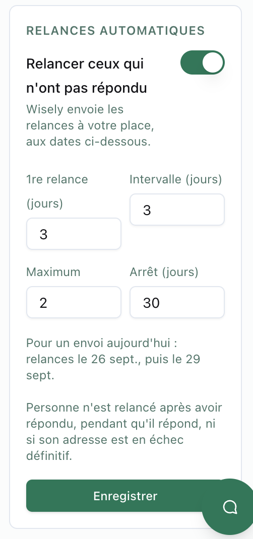 Carte « Relances automatiques » sur la fiche d’un questionnaire : interrupteur, délai, intervalle, maximum, arrêt, et l’aperçu des dates de relance