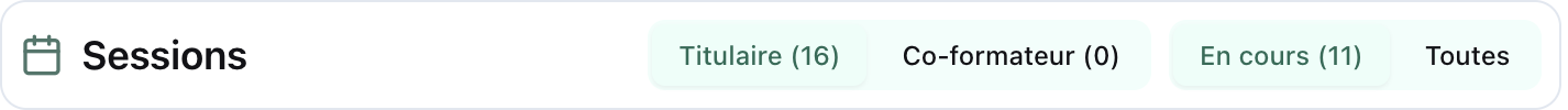 En-tête de l’onglet Sessions d’un formateur : Titulaire / Co-formateur et En cours / Toutes